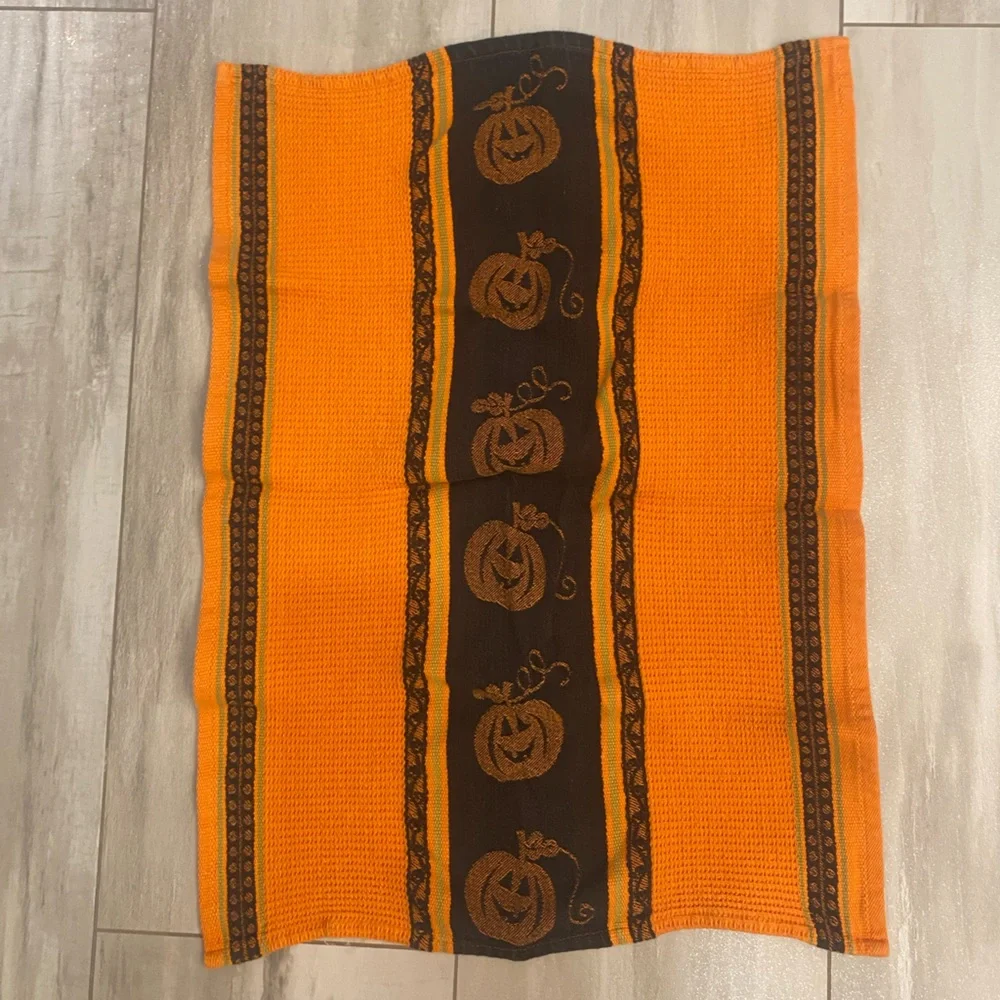 Bundle Pair of Halloween Jack O’Lantern Pumpkin Waffle Weave Hand Dish Towels